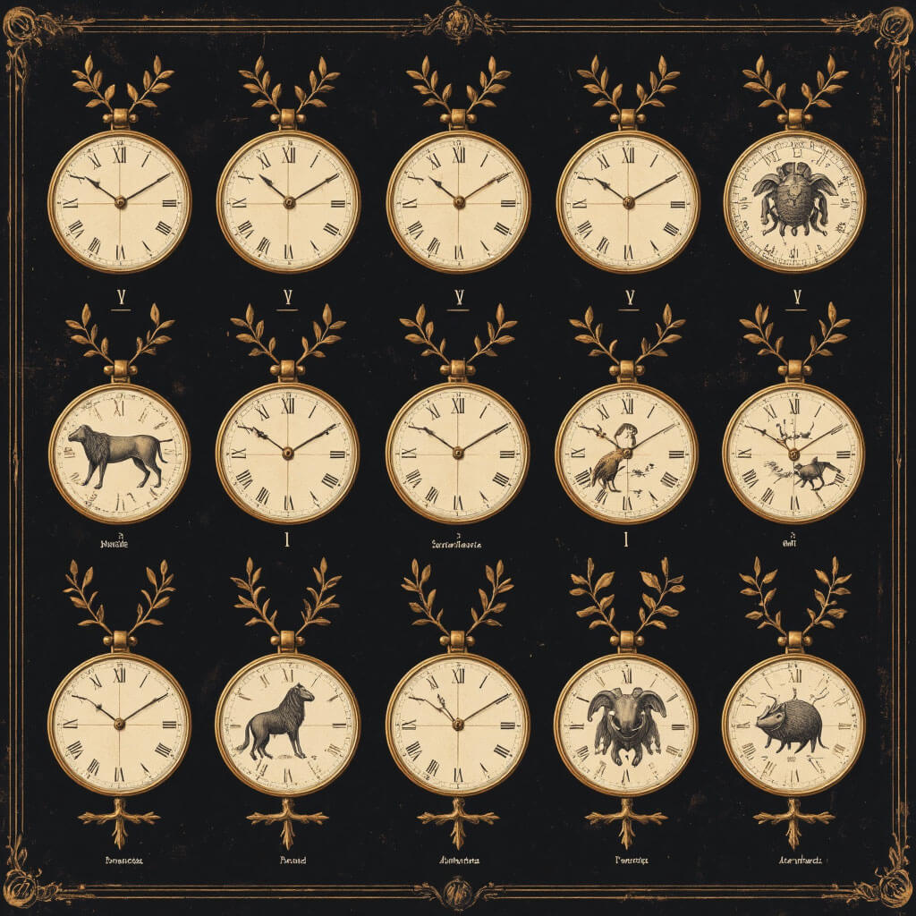 An illustrative timeline showing the 12 zodiac animals associated with specific months and two-hour periods of the day